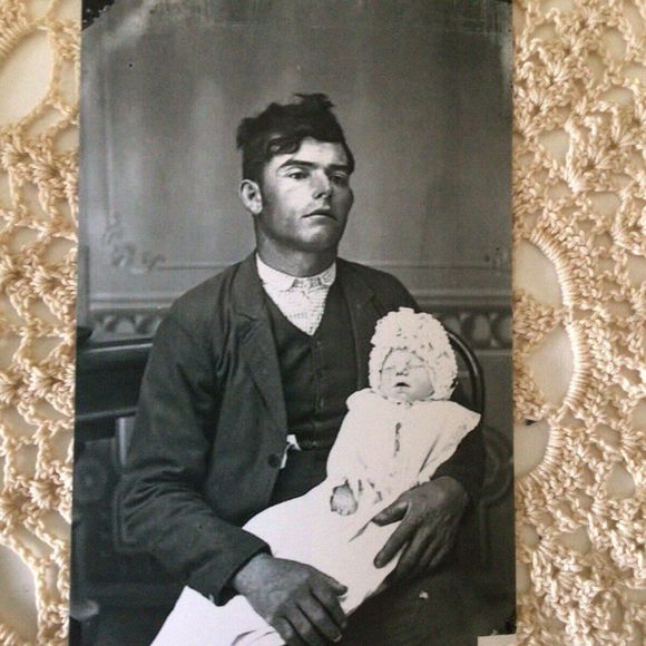 Post Mortem Death Photo Tiny Baby & Father Reprint Of Early 1900 Photo - Picture 2 of 7